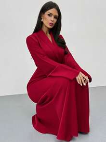 Firerie Women's New Satin Solid Color Ruffle Collar Cinched Waist Fishtail Hem Maxi Dress, V-Neck Business Dress, Puff Sleeve Dress, Blazer Style Dress, Fishtail Hem Dress, Spring Summer Autumn Winter Clothing, Elegant, Commute, Date, Party, Wedding Season, Graduation, Prom, Performance, Concert, Work Attire, Back To School, Annual Party, Women's Birthday, Holiday Outfit - Burgundy - View 6