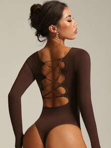 Easithlete 无缝高弹力瑜伽健身运动露背连体裤 - 棕色 - 查看 4