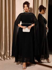 Cravure Plus Size Women Faux Pearl Decor Stand Collar Mesh Extra Long Sleeve Elegant Dress - Black - View 6