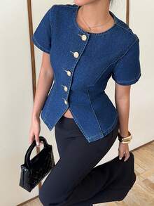 Siren Gaze 女士前扣短袖牛仔夹克 - 深色水洗藍 - 查看 2