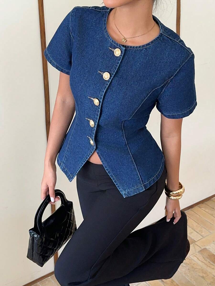 Siren Gaze 女士前扣短袖牛仔夹克 - 深色水洗藍 - 查看 1