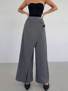 Siren Gaze Women's Casual Dark Grey Layered Design Suit Pants, Autumn/Winter Dress Pants High Waist Pants Pants Wide Leg Grey Pants - Grey - View 3