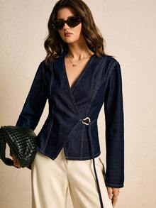 Poéselle Women's Autumn Metal Design Long Sleeve Fashionable Denim Blouse Suit Jacket For Women Blazer Women Cropped Blazer Women's Blazers Dress Jacket Denim Blazer Women Wrap Blazer Belted Jacket Work Clothes Formal Tops For Women Business Casual Women Long Sleeve Top Jeans Jacket Cardigan Jeans Jacket Cardigan Long Sleeve Shirt Winter - Dark Wash - View 5