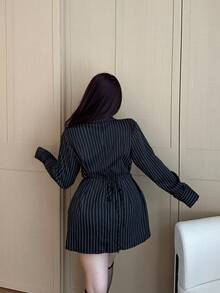 Vibekara Plus Size Women Striped Lapel NeckLong Sleeve Single-Breasted Casual Shirt - Black - View 2
