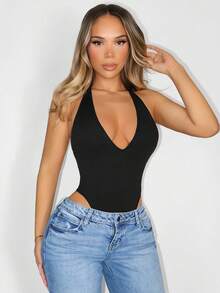 Sirith Seamless Knitted Deep V Neck Bodysuit - Black - View 6