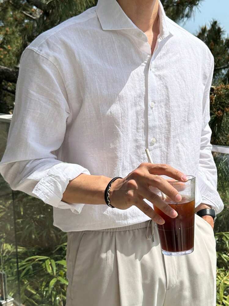Men's Linen-Feel Washed Bamboo Fiber Solid White Casual Shirt, Spring/Autumn