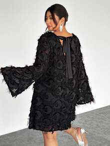 Firerie Đầm dài tay cổ tròn dáng suông rộng rãi, màu trơn, có tua rua dành cho nữ cỡ lớn - màu đen - Xem 1