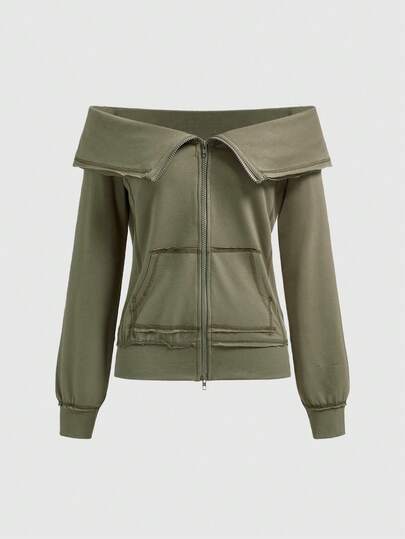 Grunge Punk Sudadera con hombros descubiertos, vintage, de manga larga y con cremallera, desgastada