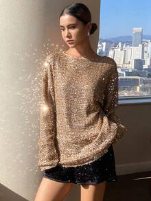 DAZY Women's Fashionable Commuter Sequin Round Neck Long Sleeve T-Shirt New Years Women Outfit Glitter Top Carnival - Khaki - View 3