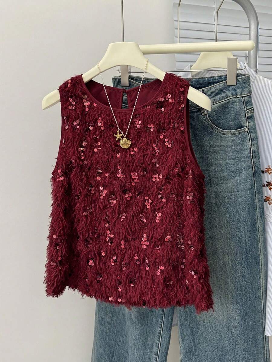 SHEIN Frenchy 女士纯色亮片设计毛绒圆领无袖时尚衬衫 - 酒紅色 - 查看 1