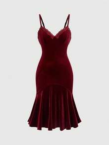 ROMWE Goth 复古Y2K豹纹撞色褶皱鸡尾酒连衣裙（女款） - 酒紅色 - 查看 5