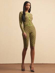 NYA SZN 中腰七分修身紧身裤，口袋设计，格纹印花图案，适合日常休闲、音乐会、生日约会、商务休闲、办公室等场合，秋冬针织弹力女装 - 綠色 - 查看 3