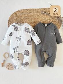 SHEIN 2件套男婴白色和灰色可爱大象印花圆领长袖连体衣，适合秋冬季外出穿着，舒适百搭