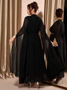 Cravure Plus Size Women Faux Pearl Decor Stand Collar Mesh Extra Long Sleeve Elegant Dress - Black - View 2