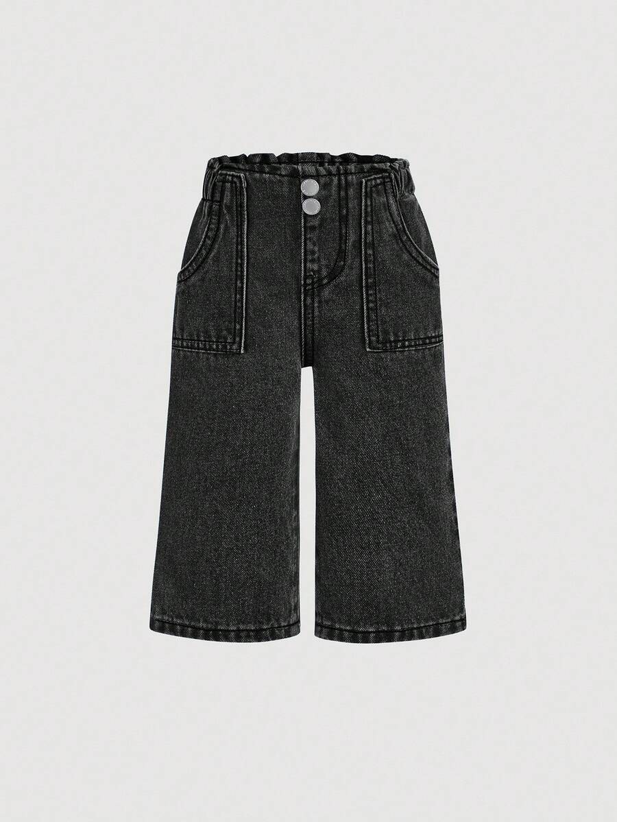 SHEIN Baby Girl Casual Washed Elastic Waist Wide Leg Jeans - Black - View 1