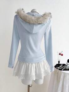 Sweetra Áo khoác nỉ lông xù kiểu cổ điển gợi cảm, thắt eo, có khóa kéo dành cho nữ, màu hồng, mùa thu/đông. - Màu xanh lam - Xem 2