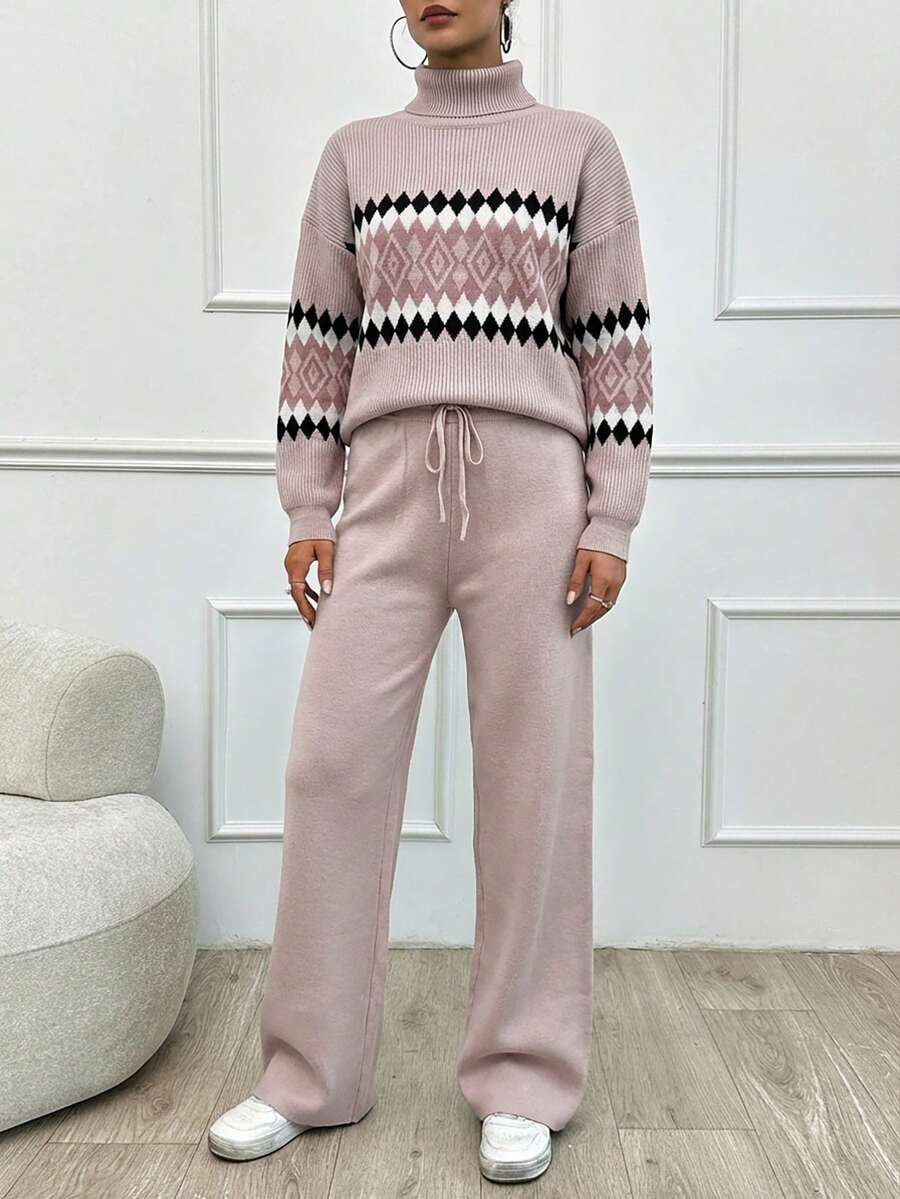 SHEIN Tall Women's Geometric Pattern High Neck Sweater 2pcs/Set, Tall Women - Dusty Pink - View 1