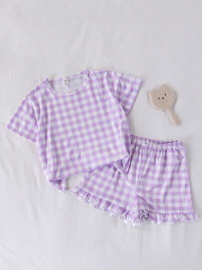 Girls Fashionable Cute Plaid Print Short Sleeve Shorts Ruffled Hem Pajama Set