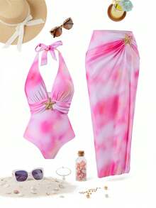 Swim Oasis مجموعة بحر للمرأة ذات الحجم الكبير 2 قطعة، بدلة سباحة بطبعة عشوائية مربوطة بالصبغة مع زخرفة معدنية بشكل نجمة البحر، وتنورة شبكية مطبوعة مناسبة للصيف والعطلات الشاطئية - متعدد الألوان - مشاهدة 10