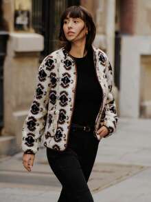 lacRébo Cream Floral Print Sherpa Jacket With Contrast Piping And Snap Button Closure Autumn Winter Spring Women Clothes Spring Winter Women's Jackets Crop Jackets For Women Cropped Jackets Bomber Jacket French Style Parisian Style - Chocolate Brown - View 6