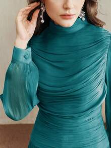 Anewsta Nuevo vestido elegante con cuello fruncido y manga larga para mujeres, adecuado para otoño, invierno, primavera, Año Nuevo, fiesta, boda, elegante, chic, con estilo, Navidad, salir - Turquesa - Ver 6