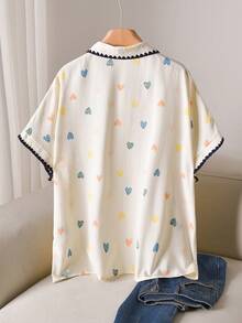 CosyJoli 大码休闲撞色衬衫、心形印花衬衫、纽扣衬衫、宽松舒适的夏季服装、贝壳边撞色上衣、休闲夏季女装。 - 白色 - 查看 2