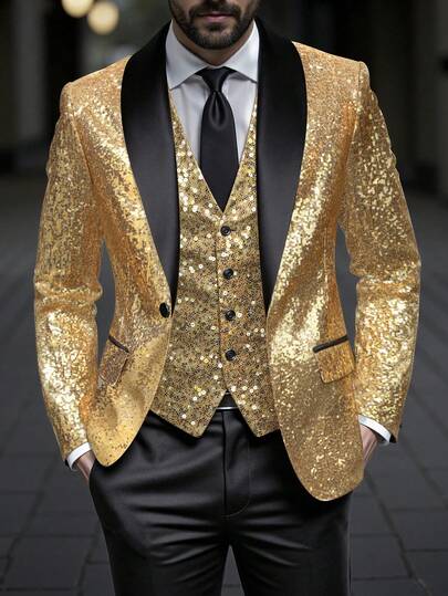 Manfinity AFTRDRK Mens Gold Sequin Blazer Glamorous Disco Style Regular Fit Long Sleeve Lapel Button Jacket For Parties Wedding Jacket For Men Luxury Clothes For Men Happy New Year 2026 Gold Men Jacket
