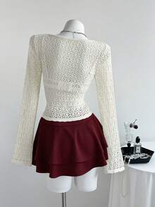 Elamini Women's Spring/Summer Sexy Versatile Scoop Neck Fitted Flare Sleeve Hollow Floral Pattern Knit Sweater Top - Beige - View 2