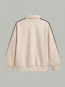 SHEIN 少女针织半拉链领宽松休闲校园风英文印花卫衣，返校季，秋冬季简约日常穿搭 - 杏色 - 查看 2