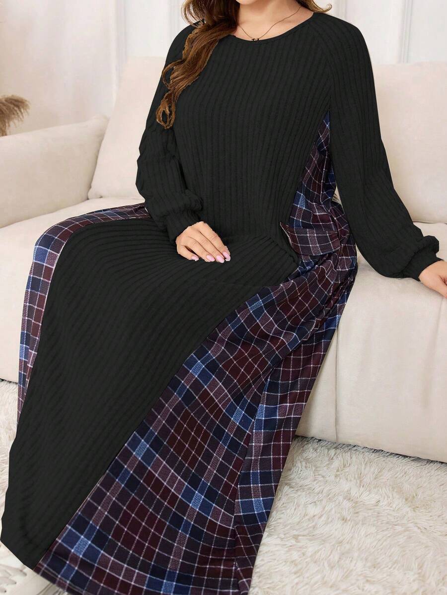 Lacomfia 女士加大码长袖圆领磨毛格子拼接仿口袋针织简约优雅两件套 - 黑色 - 查看 1