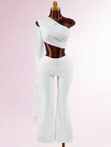 Amplova Bộ đồ 2 món thời trang áo crop top và quần ống loe thiết kế dây nhún màu trơn dành cho nữ - trắng - Xem 2