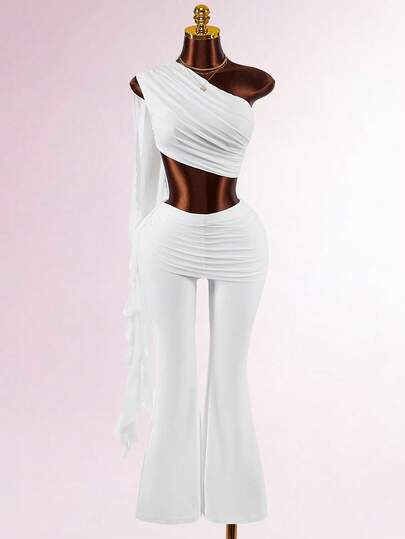 Amplova Y2K Women's Solid Color Ruched Strap Flounce Design Cropped Top And Flare Pants Fashion 2-Piece Set White Two Piece Outfit Sexy White Outfits For Women White Party Outfit Women Elegant Two Piece Set Summer Holiday Outfits Valentine Outfits For Women Wedding Guest Dress For Women Summer Clothes Vacation Outfits Women White 2 Piece Set Elegant 2 Piece Set Goddess Outfit