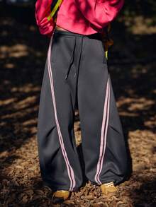 WanderVale Women's Striped Drawstring Waist Pleated Casual Wide Leg Pants,Fall/Winter Streetwear Oversized Contrast Color Cargo Pants,Loose Flowy Outdoor Wear - Dark Grey - View 1