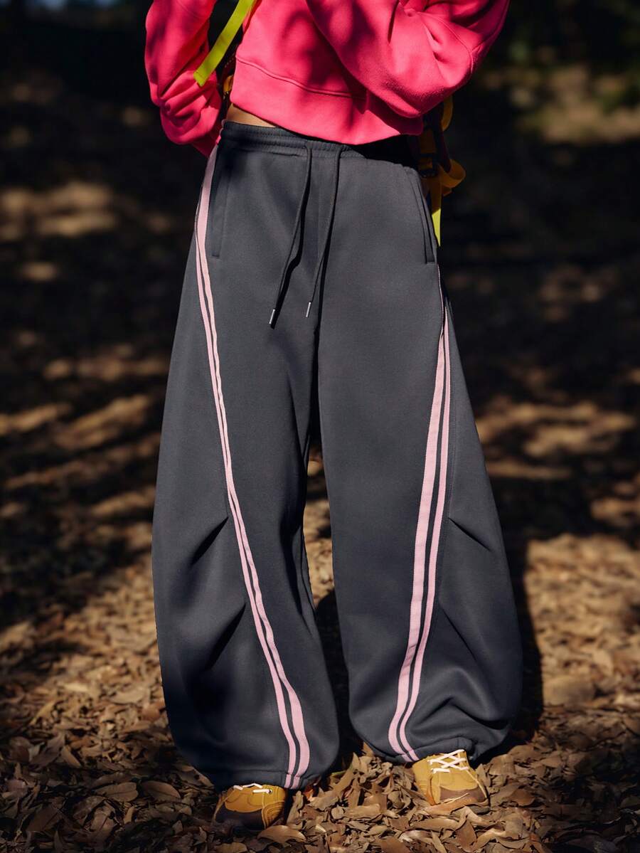 WanderVale Women's Striped Drawstring Waist Pleated Casual Wide Leg Pants,Fall/Winter Streetwear Oversized Contrast Color Cargo Pants,Loose Flowy Outdoor Wear - Dark Grey - View 1