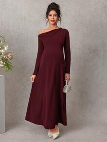 Momance Robe de maternité à manches longues asymétrique à épaule dénudée, couleur unie, convient pour les occasions de fête - Bordeaux - Voir 1