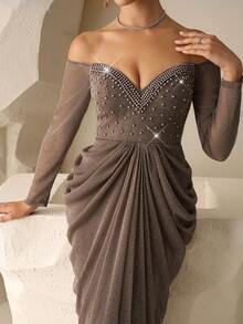 Coutiva 优雅的亮片珍珠装饰露肩露背长袖礼服（奢华华丽的礼服），配有褶裥裙摆；适合婚礼宾客、毕业典礼和生日派对的正式晚礼服。 - 棕色 - 查看 6