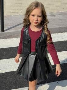 3pcs/Set Young Girls Punk Style Sleeveless PU Leather Jacket, Long Sleeve Top & Leather Skirt, Daily Wear Spring/Summer - Black - View 3