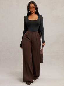 Radiana Plus Size Women's Minimalist Fashion Dark Coffee Plus Size Wide Leg Pants, Commuter Trousers Brown Wide Leg Pants For Women High Waisted Wide Leg Pants Brown Suit Pants In Fall/Winter,Spring To Summer, - Coffee Brown - View 5