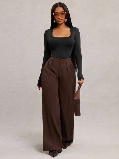 Radiana Pantalones anchos de pierna ancha de color café oscuro de moda minimalista para mujer de talla grande, pantalones de oficina de pierna ancha marrón para mujer de cintura alta, pantalones de traje marrón para mujer en otoño/invierno