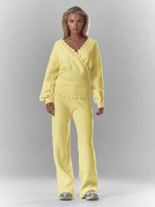 MUSERA Rib Knit Crochet Detail Foldover Waistband Wide Leg Trousers Bottom Only Cosy Cute Casual Coffee Club Chic Spring Y2k Pants - Yellow - View 5