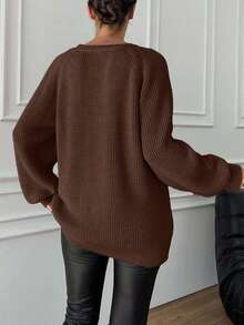 EURMUSE Women's Casual Everyday Commute Simple Solid Color Raglan Sleeve Pullover Sweater, Autumn/Winter - Brown - View 2