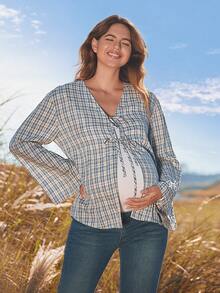 Boho Mama Blue And White Checkered Maternity Blouse, Tie Placket, Bell Sleeves, Suitable For Spring And Autumn Casual Vacations. - Blue - View 3