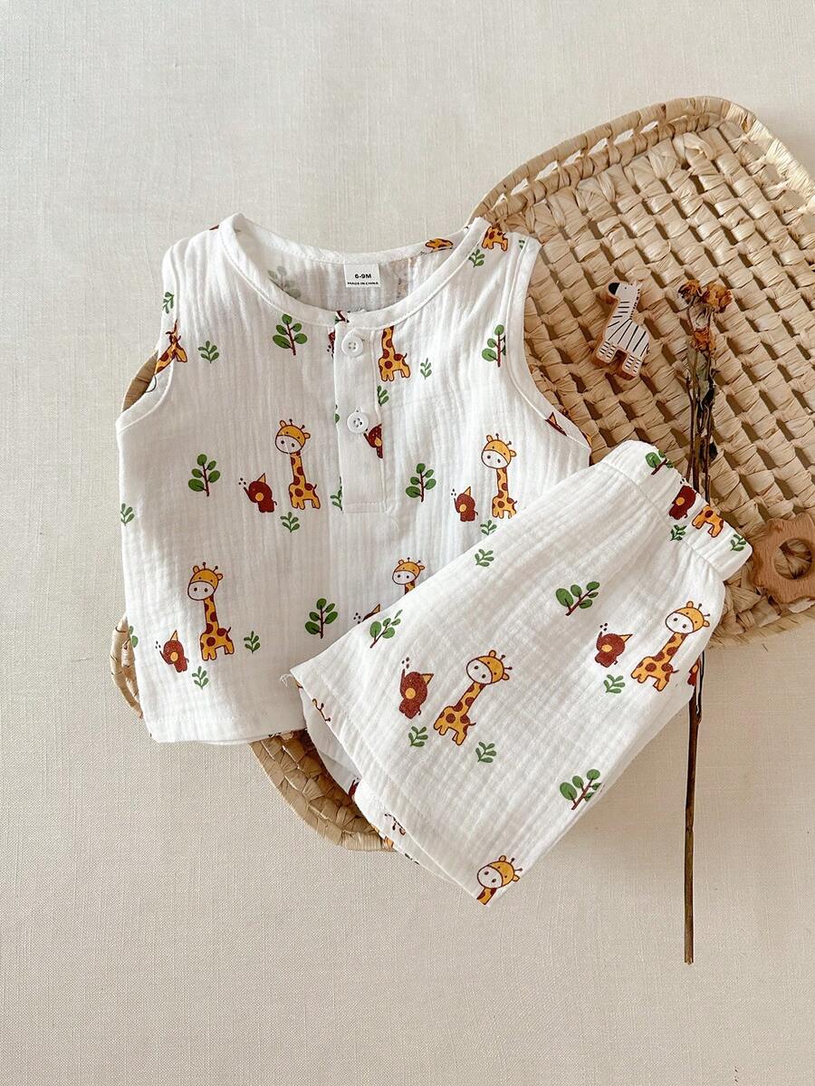 SHEIN 2pcs/Set Baby Boy Round Neck Button Short Sleeve Top & Deer Print Shorts Set, Cute Casual Outfit For Spring/Summer