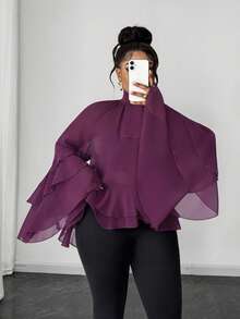 Maweii Áo kiểu nữ cỡ lớn màu tím mới mùa xuân/hè/thu 2026, chất liệu hơi xuyên thấu, cổ cao, thiết kế bèo nhún, dáng rộng thanh lịch, phù hợp cho kỳ nghỉ, mặc hàng ngày, công sở, văn phòng và thời trang thành thị. - Màu đỏ tím - Xem 1
