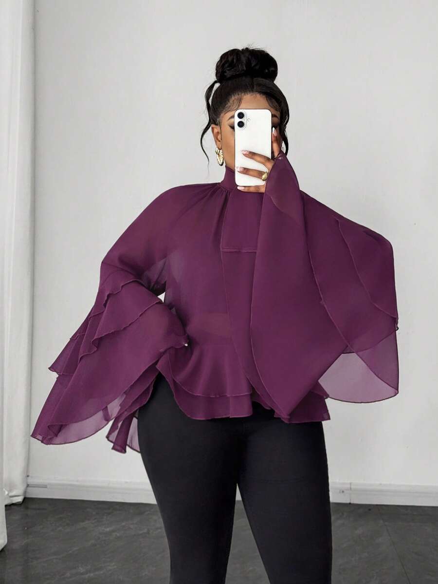 Maweii Áo kiểu nữ cỡ lớn màu tím mới mùa xuân/hè/thu 2026, chất liệu hơi xuyên thấu, cổ cao, thiết kế bèo nhún, dáng rộng thanh lịch, phù hợp cho kỳ nghỉ, mặc hàng ngày, công sở, văn phòng và thời trang thành thị. - Màu đỏ tím - Xem 1