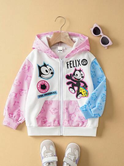 Felix The Cat X SHEIN Áo khoác nỉ có khóa kéo in hình mèo phối màu năng động dành cho bé gái, thích hợp cho mùa thu.