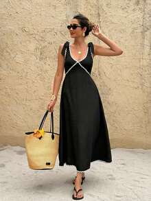 SHEIN Frenchy 女士波浪针织系带V领无袖中长连衣裙，适合度假 - 黑色 - 查看 5