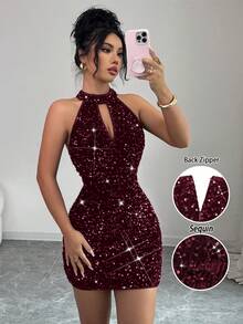 Rafferiza 黑色亮片露背弹力性感无袖修身连衣裙/约会/派对/夜店/街头/万圣节/情人节/生日礼服/春/夏/秋/冬新款短裙 - 中紫紅色 - 查看 1