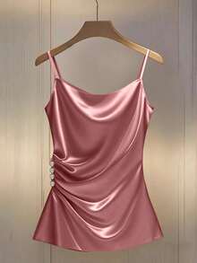 Franclia 性感修身深V领吊带背心，侧边褶皱装饰纽扣，时尚女装 - 粉色 - 查看 3