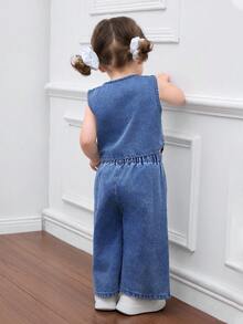 SHEIN HEIN 2pcs Baby Girls Denim Suspender Top & Elastic Waist Pants Set,Kid Girls Casual Vacation Boho Homewear,Graduation /"Party/ Vacation Set,Fall Kid's Casual And Comfortable Wear - Medium Wash - View 2